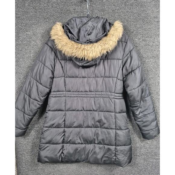 US Polo Assn Puffer Jacket Womens Medium Black Hood Faux Fur Long Zip Warm - Picture 2 of 12